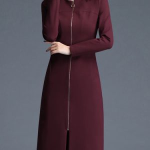 Simple Long Sleeve Zipper Midi Dress