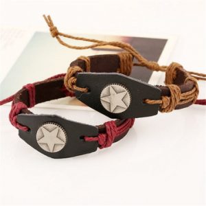 Simple Punk Cattlehide Leather Braided Rope Alloy Pentagram Bracelet