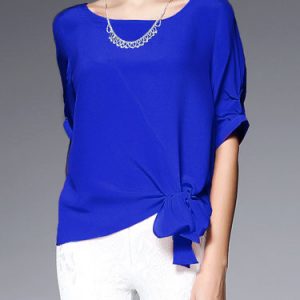 Simple Silk Plain Bow Half Sleeve H-line Blouse