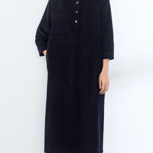 Simple Stand Collar Buttoned Long Sleeve H-line Corduroy Midi Dress