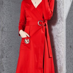 Simple Surplice Neck Grommet Pockets Midi Dress with Belt