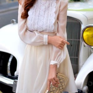 Simple Turtleneck Paneled Long Sleeve Organza Blouse