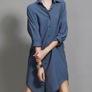 Simple V Neck Shift Long Sleeve Paneled Shirt Dress