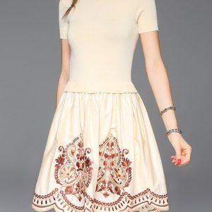 Skater Casual Short Sleeve Embroidered Tribal Mini Dress