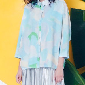 Sky Blue Abstract H-line 3/4 Sleeve Shirt Collar Blouse