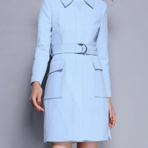 Sky Blue Plain Long Sleeve Shirt Collar Coat with Belt