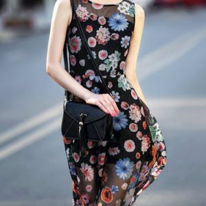 Sleeveless Crew Neck Bow Casual Floral Midi Dress