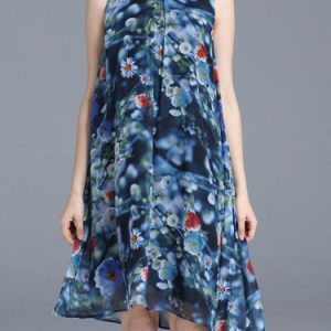 Sleeveless Floral-print Beaded Stand Collar Asymmetrical Casual Holiday Dress