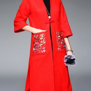 Slit Floral-embroidered Slit H-line Vintage Wool Blend 3/4 Sleeve Coat