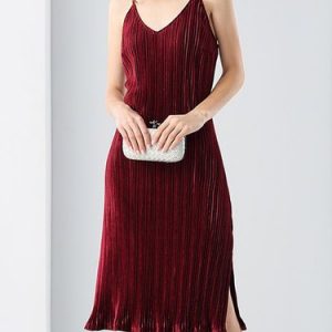 Slit Flounce Spaghetti Pleated Solid Midi Dress