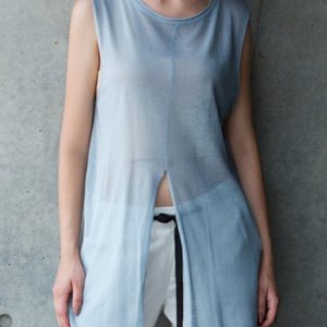 Slit Plain Sleeveless Casual Lyocell Crew Neck Tunic