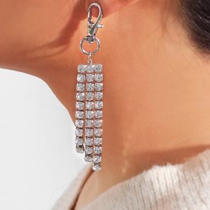 Snap Hook Shape Rhinestone Tassel Earrings