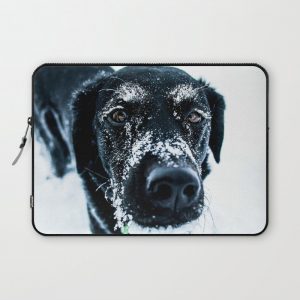 Snow Dog // Cross Country Skiing Black and White Animal Photography Winter Puppy Ice Fur Computer Cover by byrdonwheels - Laptop Sleeve - 13"