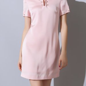 Solid A-line Short Sleeve Polyester Elegant Mini Dress