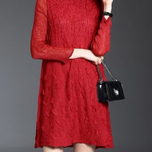 Solid A-line Turtleneck Appliqued 3/4 Sleeve Mini Dress