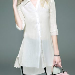 Solid Casual Linen Half Sleeve Shirt Collar Tunic