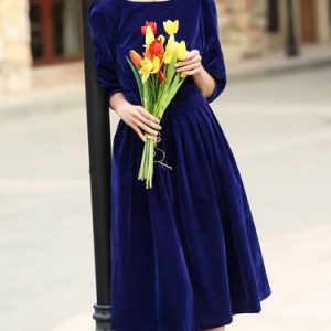 Solid Elegant Folds 3/4 Sleeve Midi Dress