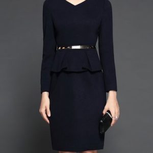 Solid Long Sleeve Elegant Midi Dress