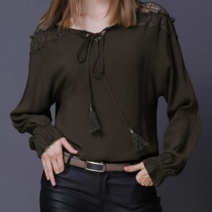 Solid Pierced Lace Long Sleeved Top