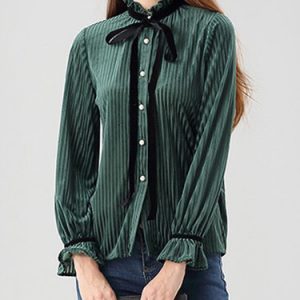 Solid Ribbed Bow Stand Collar Long Sleeved Top