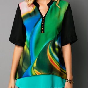 Split Neck Button Detail Printed Blouse - M