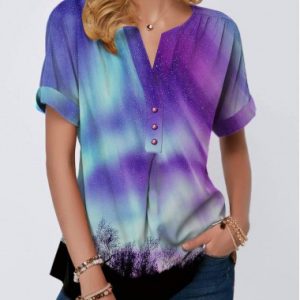 Split Neck Button Front Printed T Shirt - L