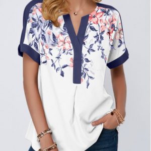 Split Neck Floral Print Contrast Piping Blouse - M