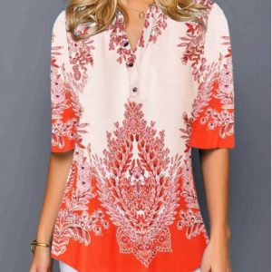 Split Neck Half Sleeve Printed Blouse - XL