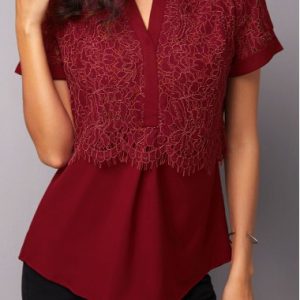 Split Neck Lace Patchwork Short Sleeve Blouse - L