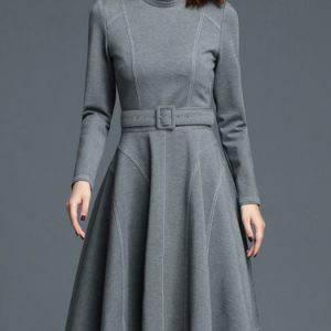 Stand Collar Long Sleeve Casual Plain Gathered Midi Dress with Belt