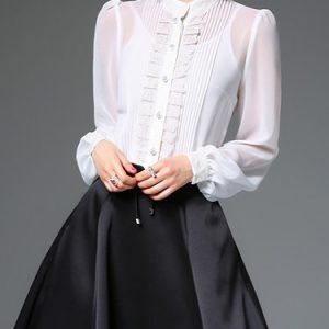 Stand Collar Pleated Girly Silk Balloon Sleeve Blouse with Camis