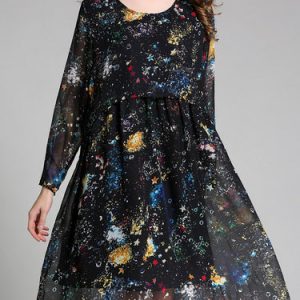 Star Sky Printed Chiffon Long Sleeve Midi Dress