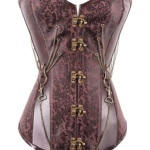 Steampunk Corset Halloween Costume Chains Metallic Gothic Women Brown Jacquard Cincher Top