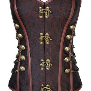 Steampunk Halloween Costume Corset Black Women Strapless Cincher Top Metallic Chains Jacquard Waist Trainer