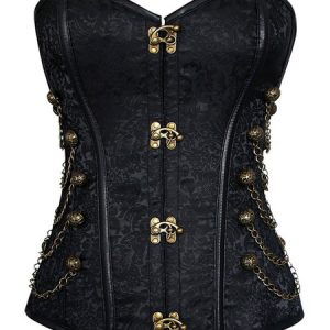 Steampunk Halloween Costume Corset Black Women Strapless Cincher Top Metallic Chains Jacquard Waist Trainer