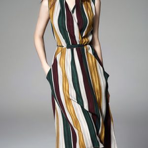 Striped V Neck Sleeveless Silk-blend A-line Wrap Dress