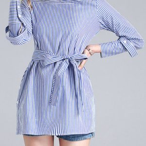 Stripes Asymmetric Bateau Neck Tunic with Belt