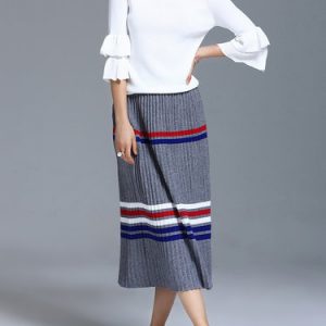 Stripes Casual Frill Sleeve Knitted Two Piece Midi Dress