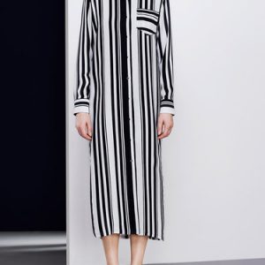 Stripes Casual V Neck Long Sleeve Shift Shirt Dress