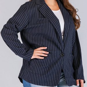 Stripes Dark Navy Jacket Plus Size Clothes For Women