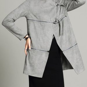 Suede Zipper Elegant Long Sleeve Coat