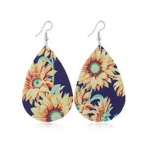 Sunflower Pattern Leather Water Drop Earrings