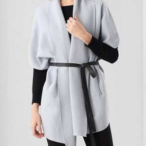 Surplice Neck Cotton-blend 3/4 Sleeve Casual Coat with Belt