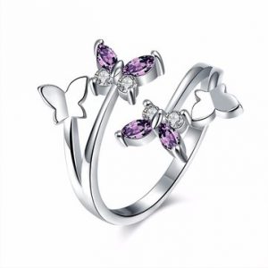 Sweet Adjustable Ring Purple Zircon Butterfly Women Ring