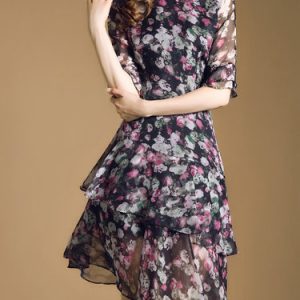 Sweet Crew Neck Frill Sleeve Flounce Floral Midi Dress