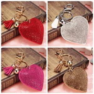 Sweet Heart Penadant Rhinestone Studded Leather Tassels Keychain