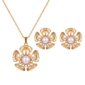 Sweet Jewelry Set Flower Pearl Rhinestone Necklace Earrings Set