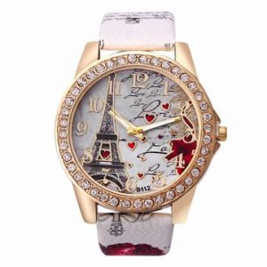 Sweet Luxury Watch Rhinestone Leather Eiffel Tower Heart Watch for Women Gift