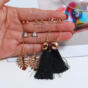 Tassel Embellished Gold Metal Earring Set - One Size