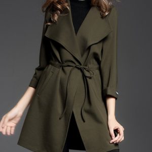 Tie Waist Lapel Pockets 3/4 Sleeve A-line Coat